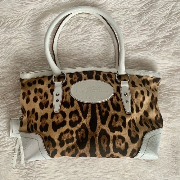 Vintage Dolce & Gabbana Leopard Print Satchel/Bag with Off White Leather Trim - Picture 2 of 15